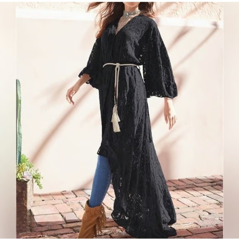 Venus Wrap Dress All Over Blace Floral Lace Sheer Flare Sleeve Belted Size 12